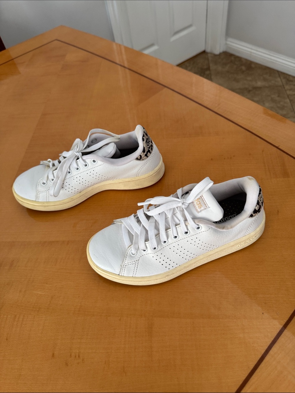 adidas White Leather Sneakers with Leopard Heel Accent size 6